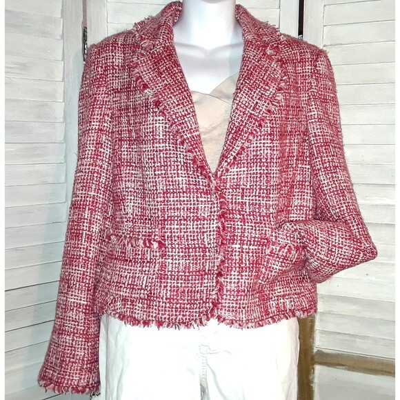 I.C.E. Women's Blazer Size 12 Tweed Lined Jacket Pink and Red Fringed Patterned - Picture 1 of 12